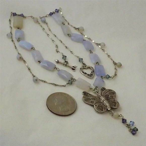 Sterling Butterfly Necklace Regencycore Blue Agate Mariposa Fantasy - Picture 7 of 8